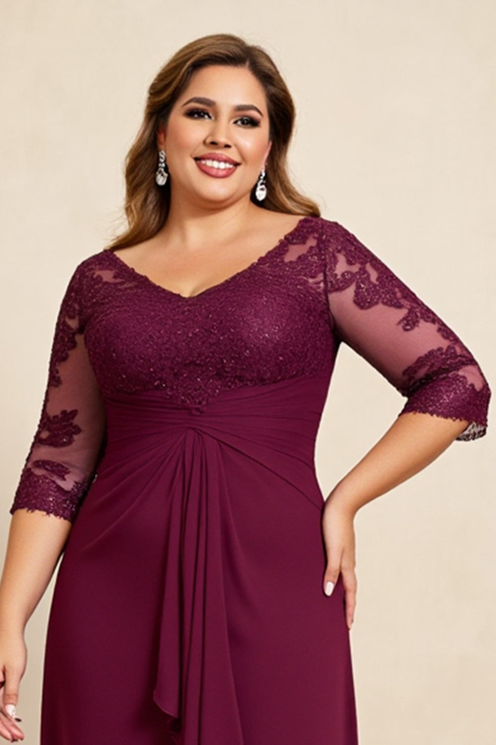Burgundy V-Neck Chiffon Lace Ruffles Plus Size Mother of the Bride Dress