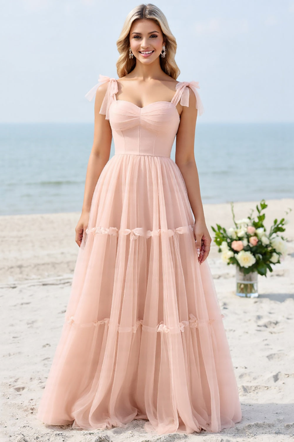 A Line Spaghetti Straps Blush Pink Pleated Long Bridesmaid Dress