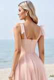 A Line Spaghetti Straps Blush Pink Pleated Long Bridesmaid Dress