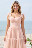 A Line Spaghetti Straps Blush Pink Pleated Long Bridesmaid Dress