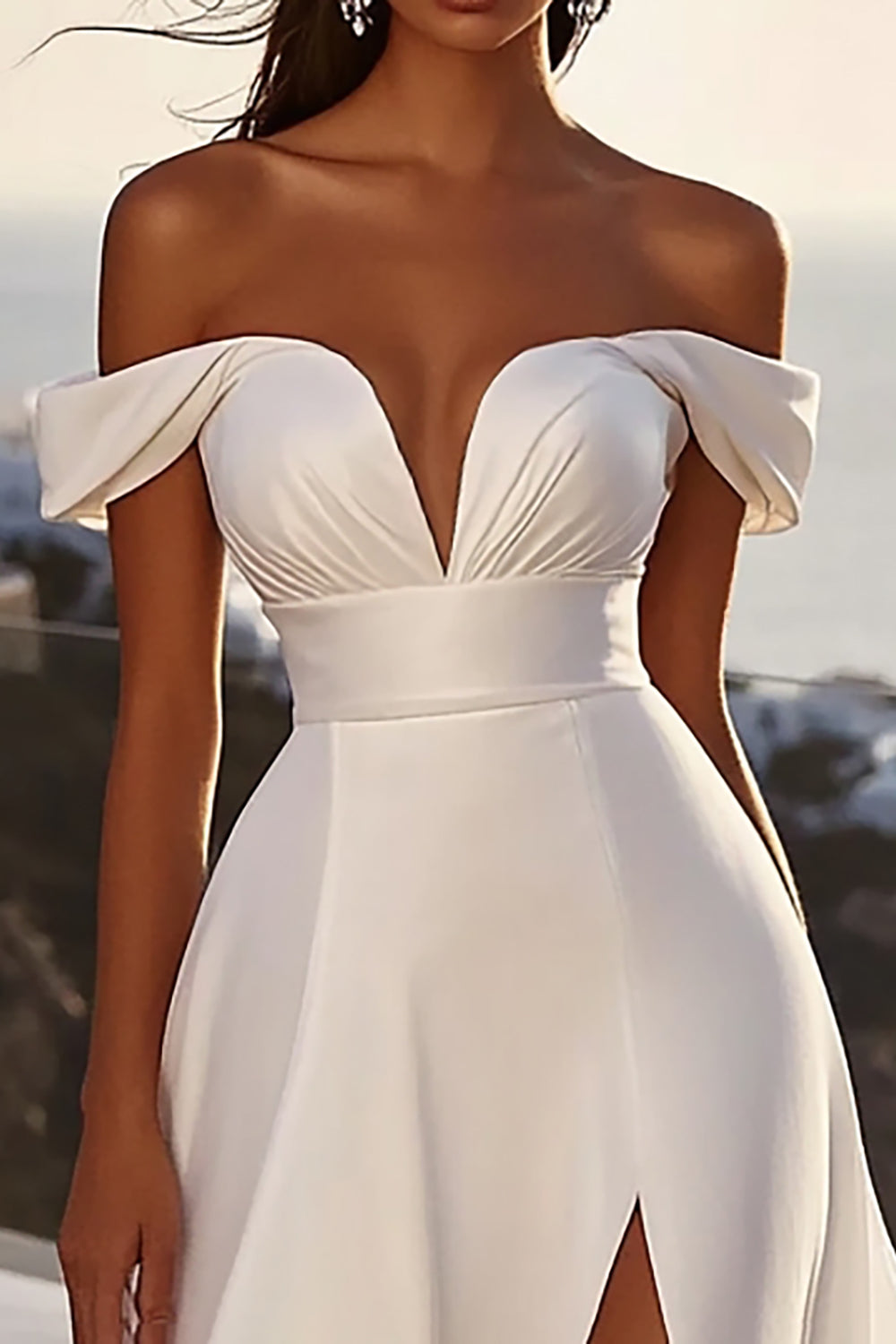 lvory A Line Off The Shoulder Long Wedding Dress with Slit