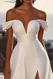 lvory A Line Off The Shoulder Long Wedding Dress with Slit