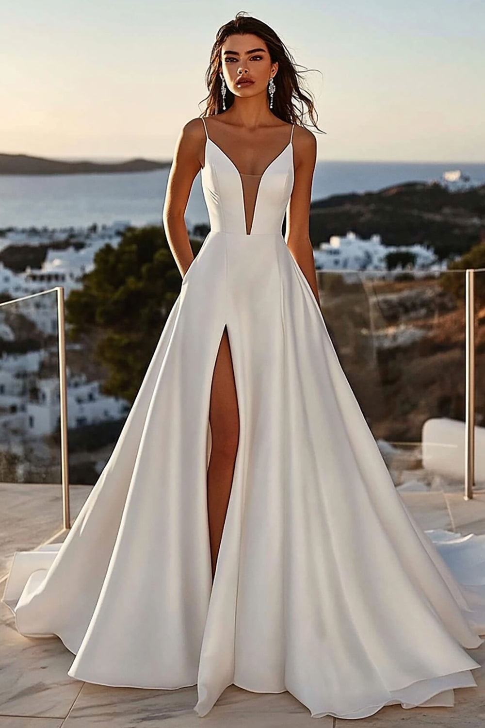 A Line Spaghetti Straps lvory Long Wedding Dress with Slit