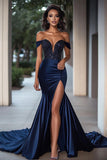 Sparkly Navy Mermaid Off the Shoulder Sequin Long Prom Dress with Slit