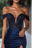 Sparkly Navy Mermaid Off the Shoulder Sequin Long Prom Dress with Slit