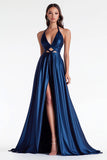 Navy Halter A Line Satin Long Prom Dress with Slit