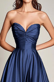 Navy Sweetheart A Line Satin Long Prom Dress