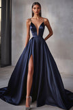 Navy Satin A Line Spaghetti Straps Long Prom Dress with Slit