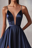 Navy Satin A Line Spaghetti Straps Long Prom Dress with Slit