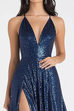 Sparkly Navy A-Line Spaghetti Straps Sequins Long Prom Dress with Slit