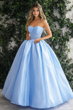 Glitter Sky Blue A-Line Strapless Organza Ball Gown with Lace