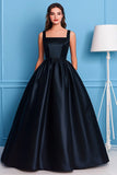 Black A-Line Square Neck Satin Long Prom Dress