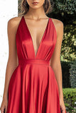 A Line Spaghetti Straps Red Plus Long Prom Dress with Slit