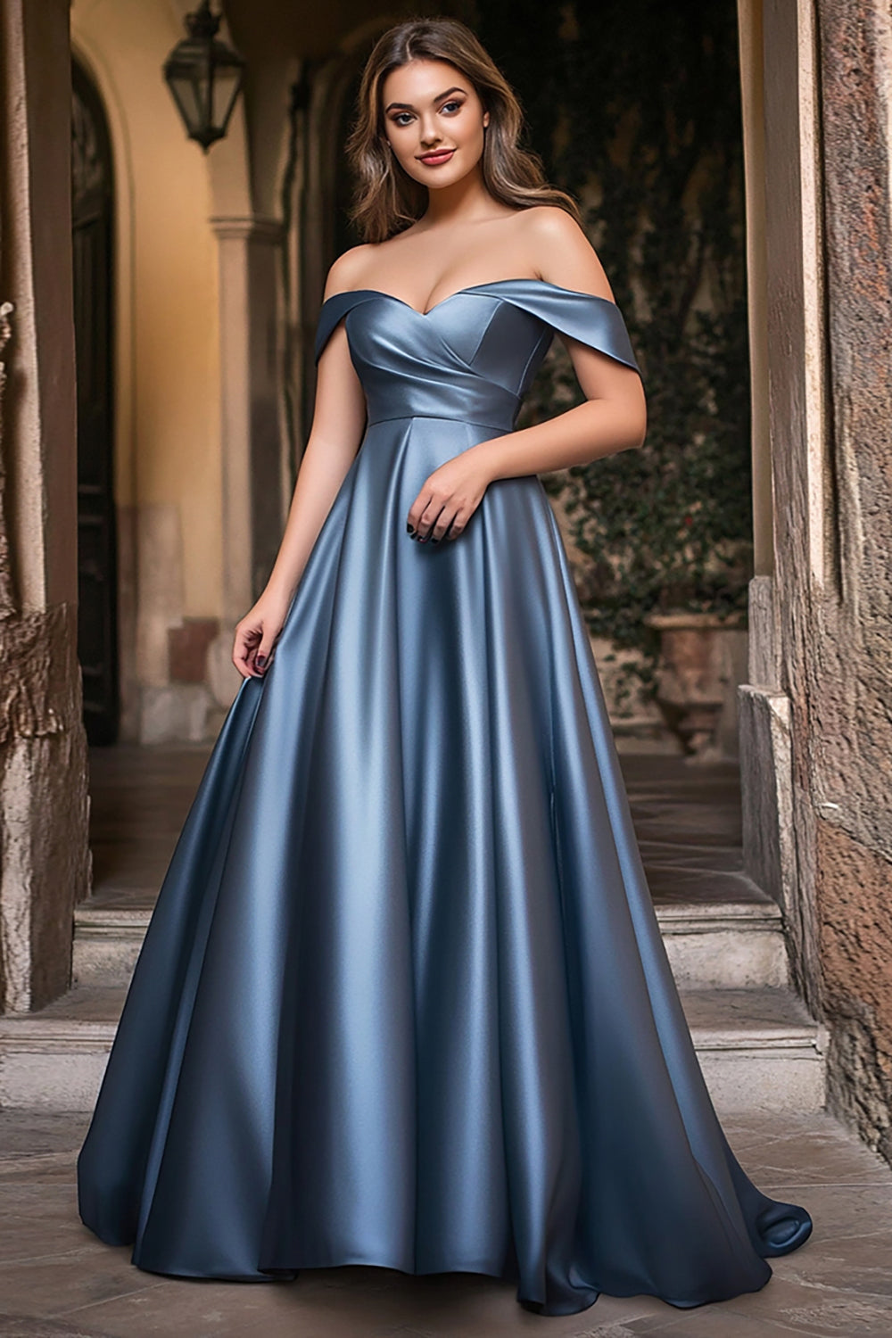 A Line Dusty Blue Off The Shoulder Pleated Plus Long Prom Dress