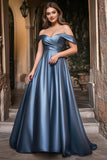 A Line Dusty Blue Off The Shoulder Pleated Plus Long Prom Dress