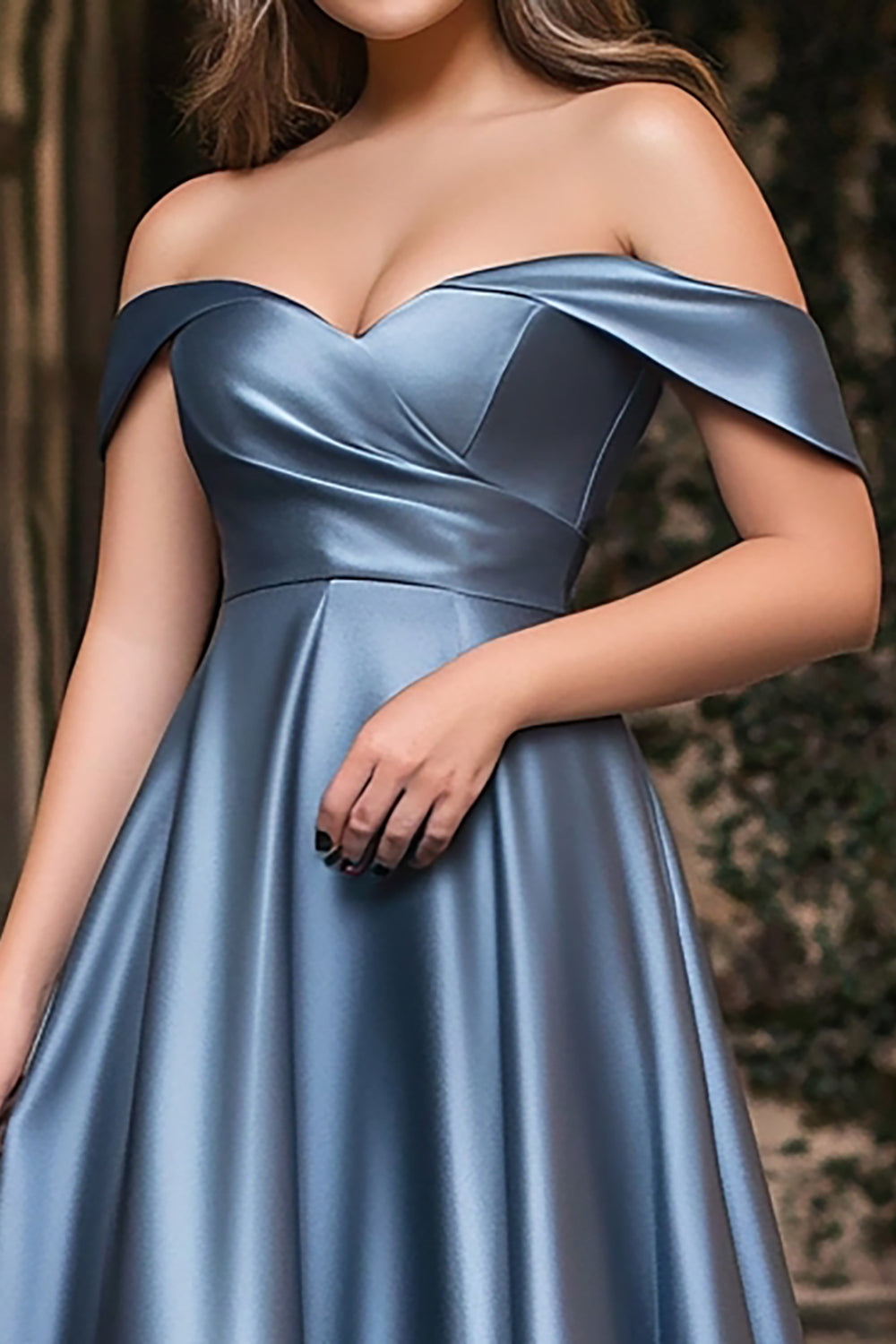 A Line Dusty Blue Off The Shoulder Pleated Plus Long Prom Dress