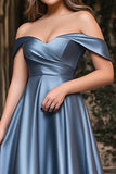 A Line Dusty Blue Off The Shoulder Pleated Plus Long Prom Dress