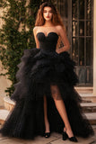 A Line Black Strapless Tiered Plus Tulle Long Prom Dress