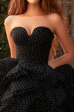 A Line Black Strapless Tiered Plus Tulle Long Prom Dress