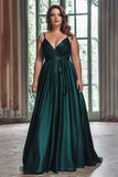 A Line Spaghetti Straps Dark Green Pleated Plus Long Prom Dress