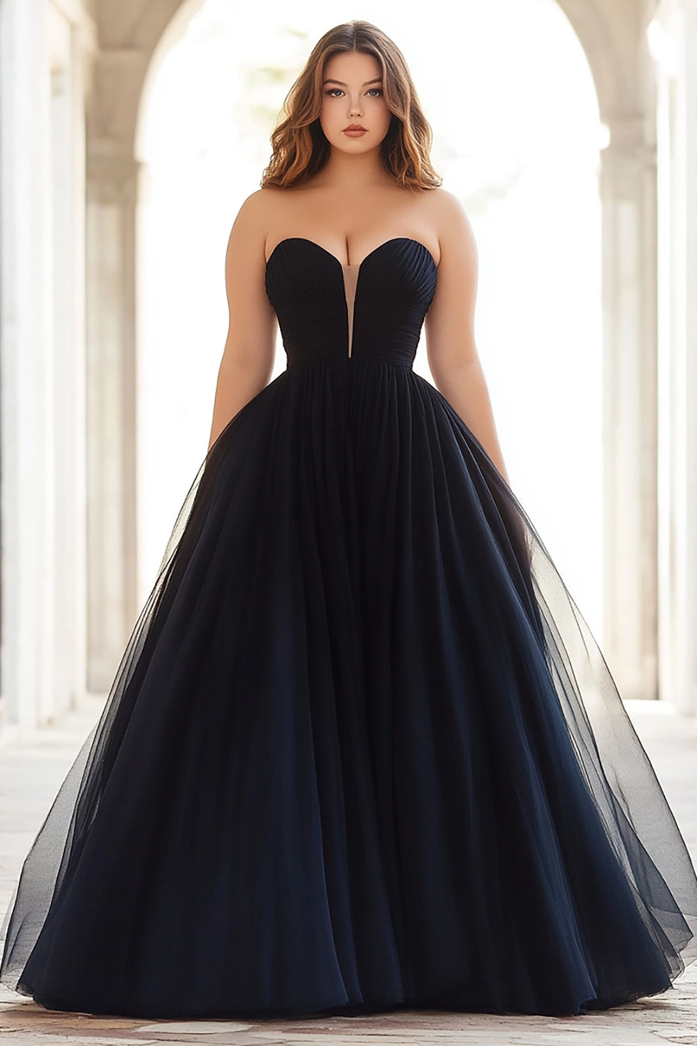 A Line Black Strapless Pleated Plus Tulle Long Prom Dress