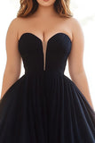 A Line Black Strapless Pleated Plus Tulle Long Prom Dress