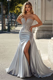 Mermaid Silver Strapless Pleated Plus Lace Long Prom Dress