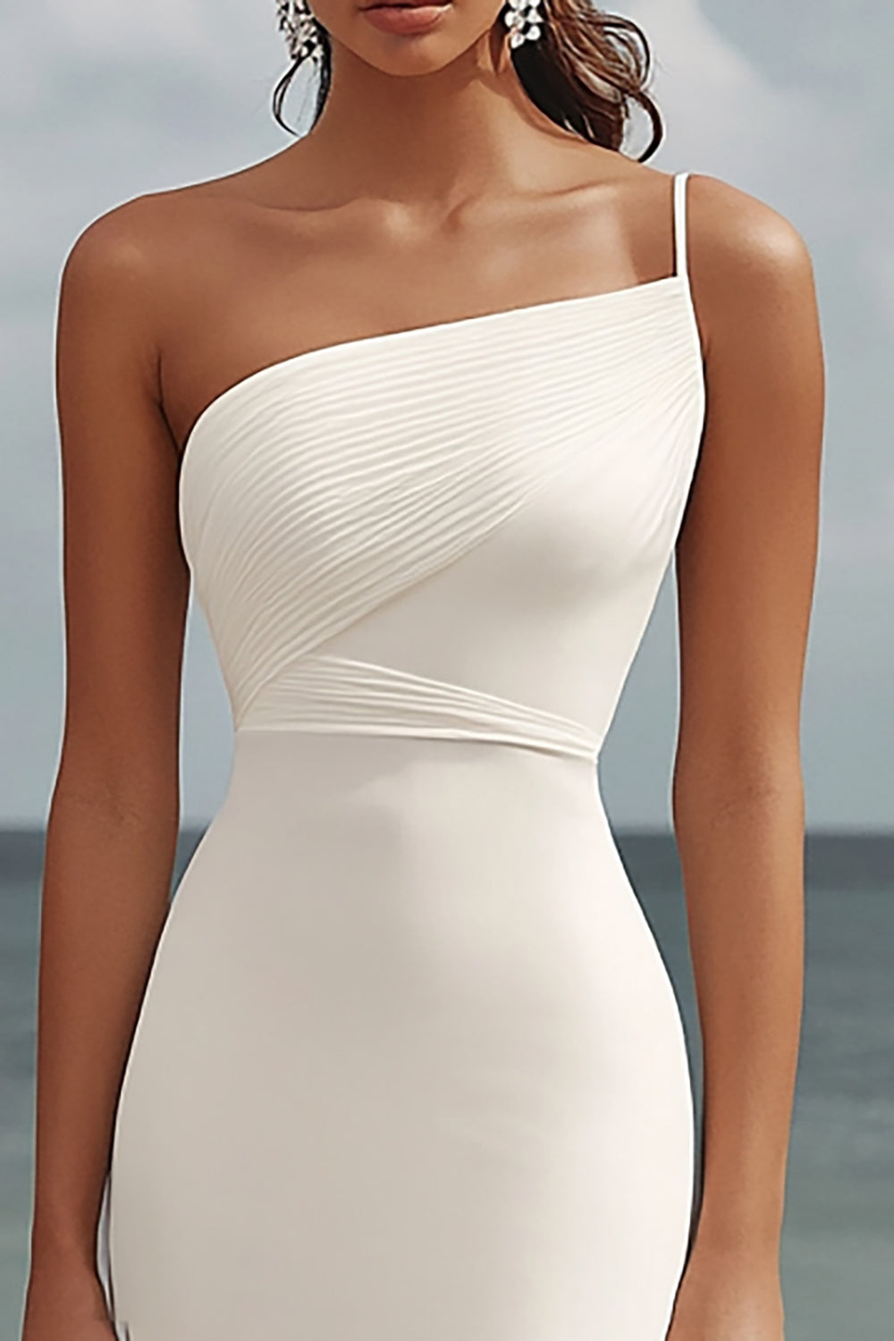 Mermaid White One Shoulder Ruched Long Formal Dress