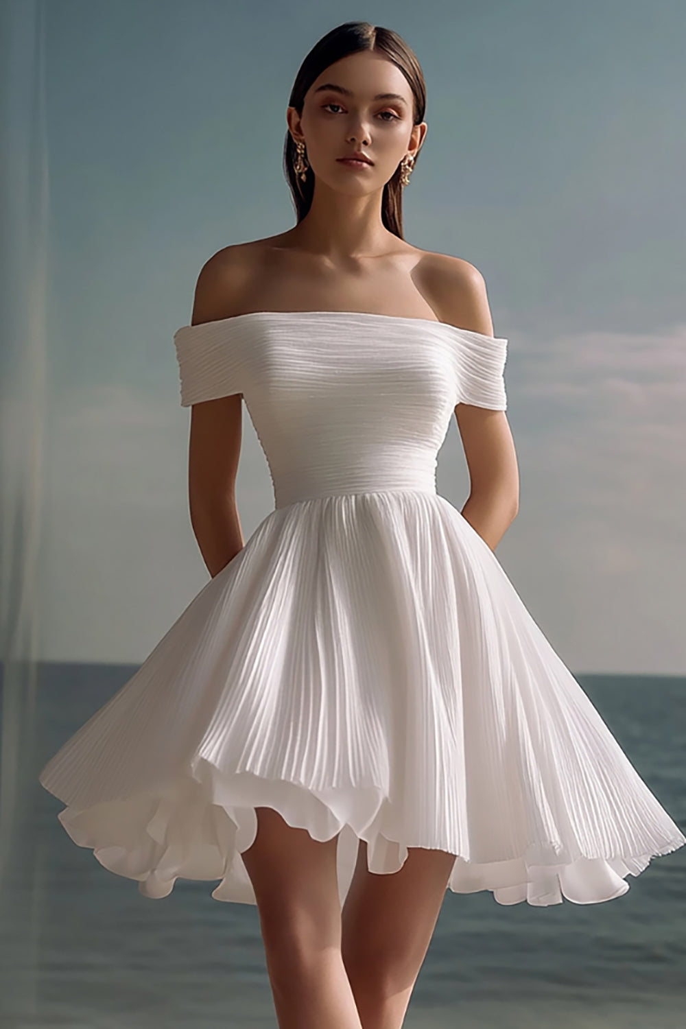 ZAPAKA Women White Short Graduation Dress A-Line Off the Shoulder Chiffon Little White Dress