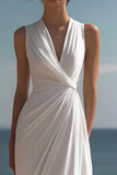 White V Neck Ruched Long Formal Dress