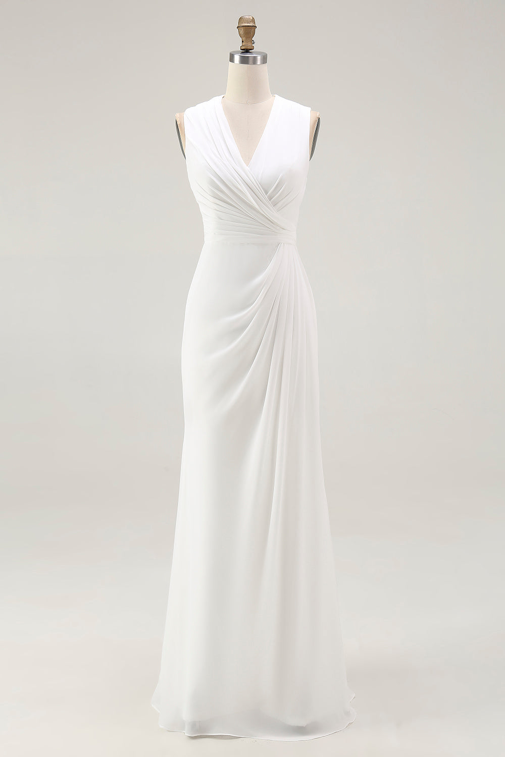 White V Neck Ruched Long Formal Dress