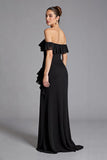 Black Off the Shoulder Ruffled Chiffon Long Formal Dress with Slit