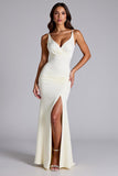 Ivory V-Neck Matte Satin Ruched Formal Dress with Slit