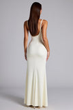 Ivory V-Neck Matte Satin Ruched Formal Dress with Slit