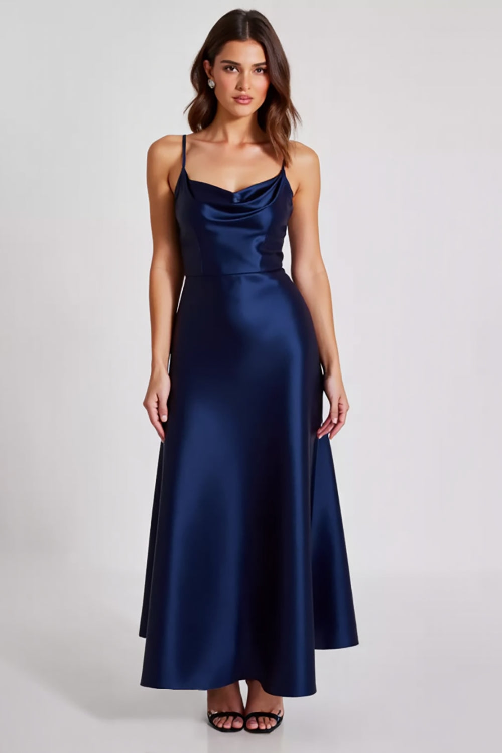 Satin Navy A Line Spaghetti Straps Formal Dress