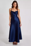 Satin Navy A Line Spaghetti Straps Formal Dress