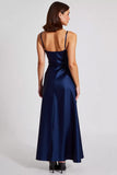 Satin Navy A Line Spaghetti Straps Formal Dress