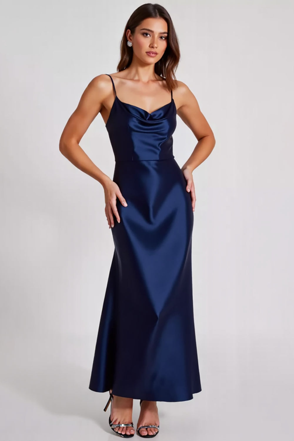 Satin Navy A Line Spaghetti Straps Formal Dress