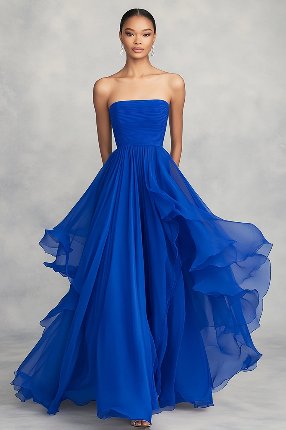 Ruffled A Line Chiffon Royal Blue Strapless Pleated Formal Dress