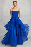 Ruffled A Line Chiffon Royal Blue Strapless Pleated Formal Dress