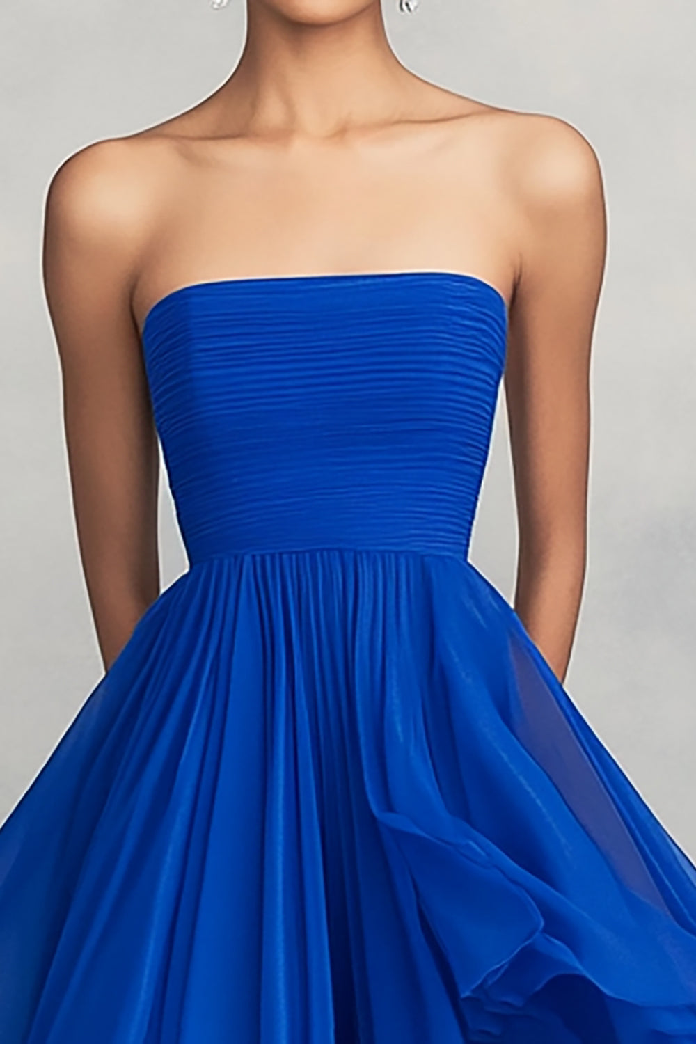 Ruffled A Line Chiffon Royal Blue Strapless Pleated Formal Dress