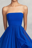Ruffled A Line Chiffon Royal Blue Strapless Pleated Formal Dress
