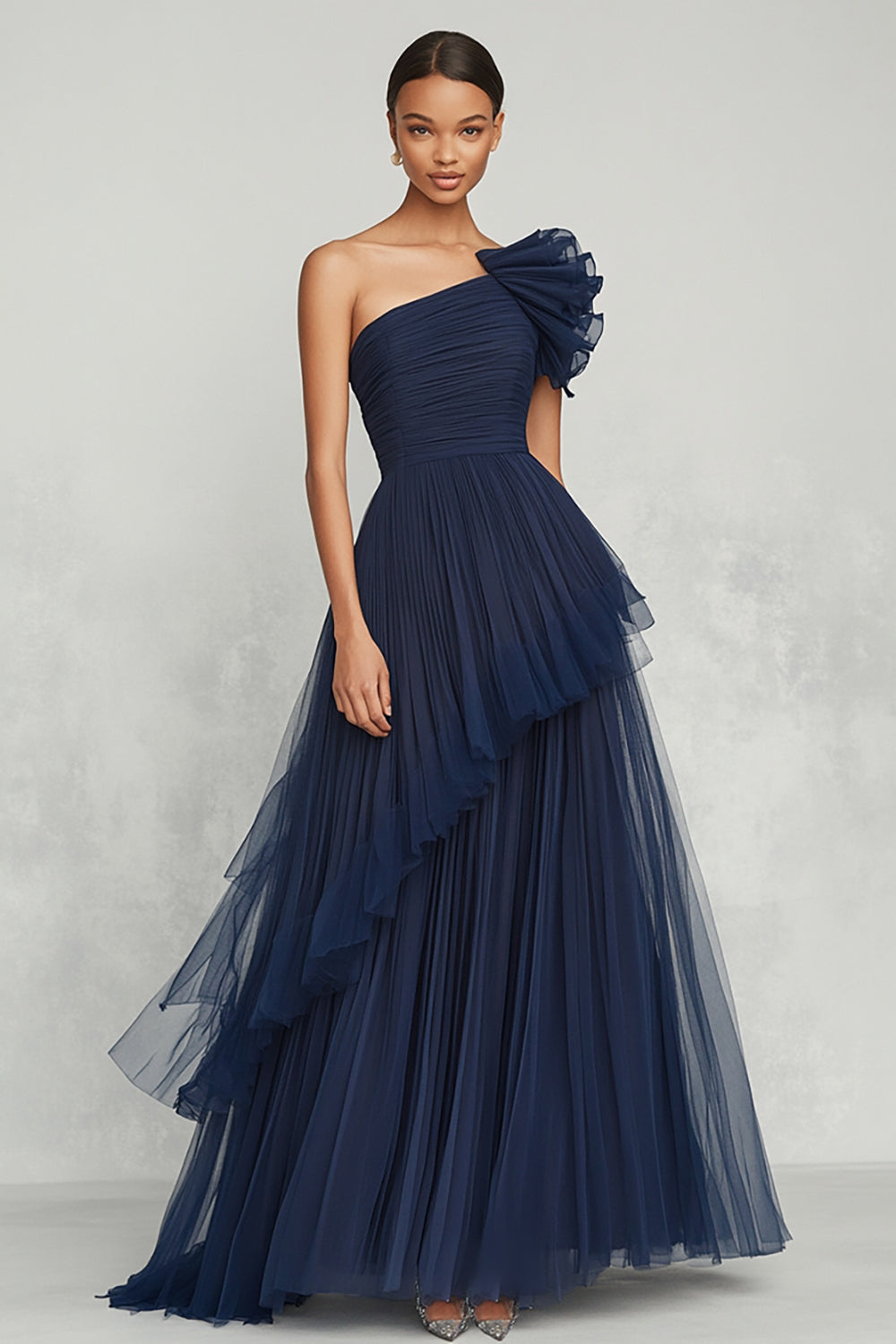 Navy Tulle A Line One Shoulder Ruched Formal Dress