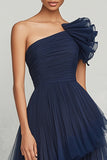 Navy Tulle A Line One Shoulder Ruched Formal Dress