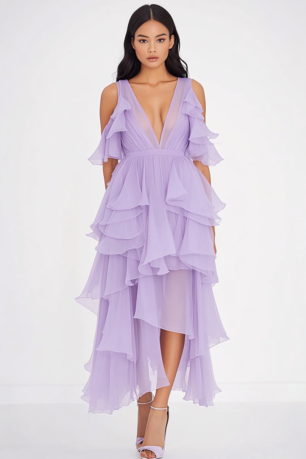 Deep V Neck Chiffon Lilac Ruffled Formal Dress