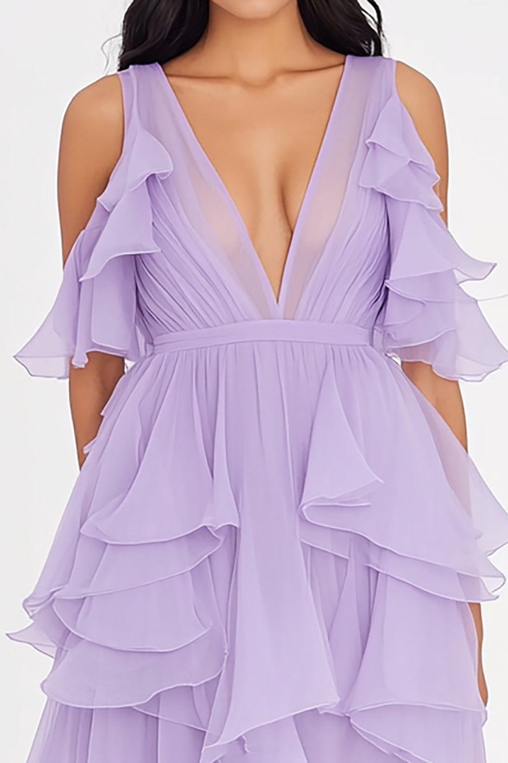 Deep V Neck Chiffon Lilac Ruffled Formal Dress