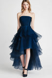 Organza A Line Navy Strapless Tiered Formal Dress