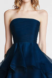 Organza A Line Navy Strapless Tiered Formal Dress