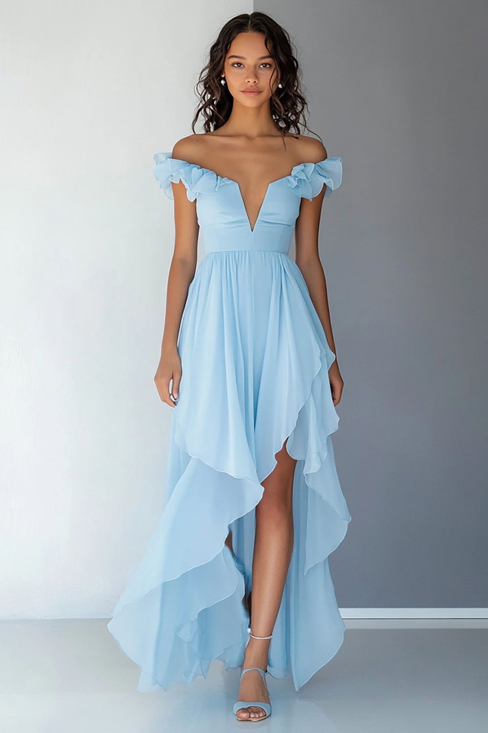 Off the Shoulder Sky Blue Chiffon Ruffled A Line Formal Dress