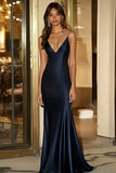 Navy Satin Spaghetti Straps Mermaid Long Formal Dress